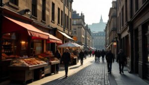 Historic streets of Edinburgh Old Town with medieval buildings, Royal Mile, and city skyline