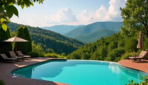 “Luxury and family friendly resorts in Pennsylvania – scenic Pocono Mountains resort view with spa and nature backdrop.