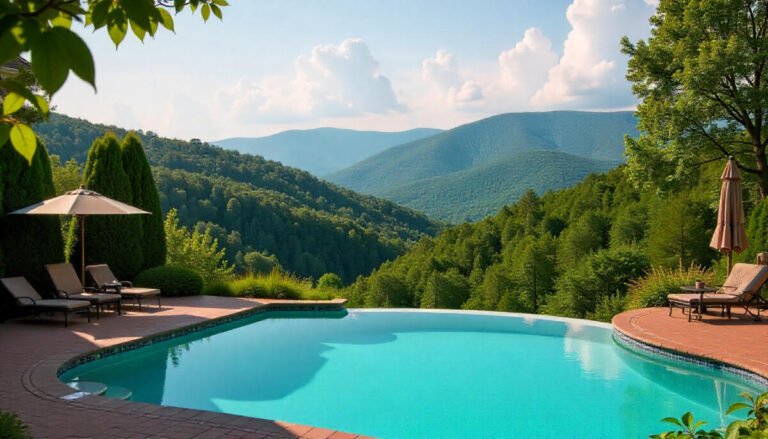 “Luxury and family friendly resorts in Pennsylvania – scenic Pocono Mountains resort view with spa and nature backdrop.