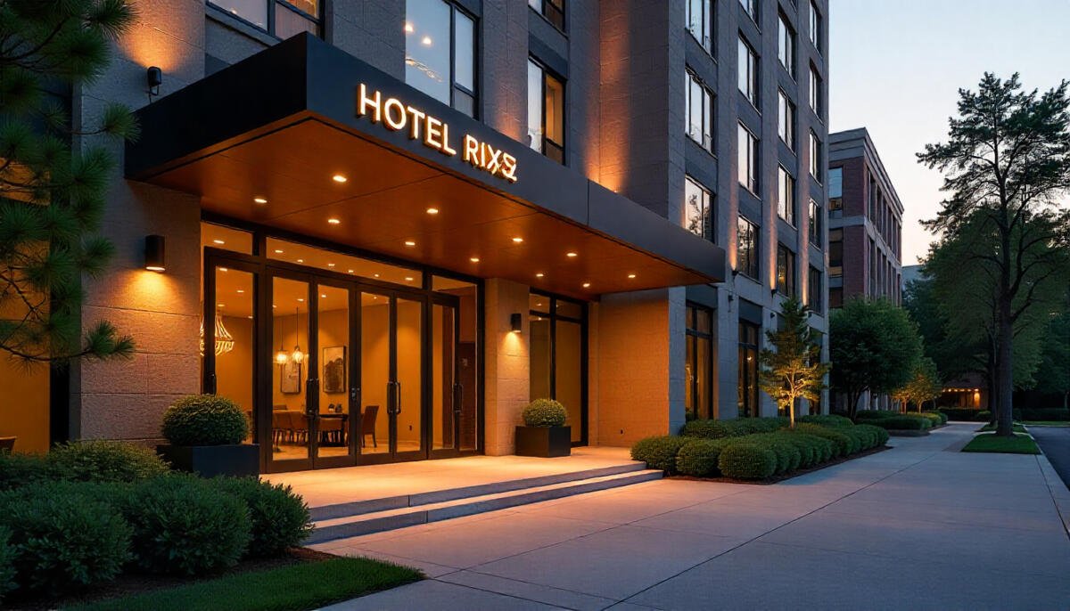 Luxury hotel exterior in Georgia with modern architecture and warm lighting.