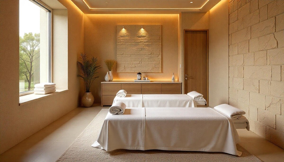 Luxury spa interior in Ohio with massage tables and calming lighting