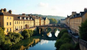 Panoramic view of Bath, UK with honey colored buildings, Roman Baths, Royal Crescent, and Pulteney Bridge.