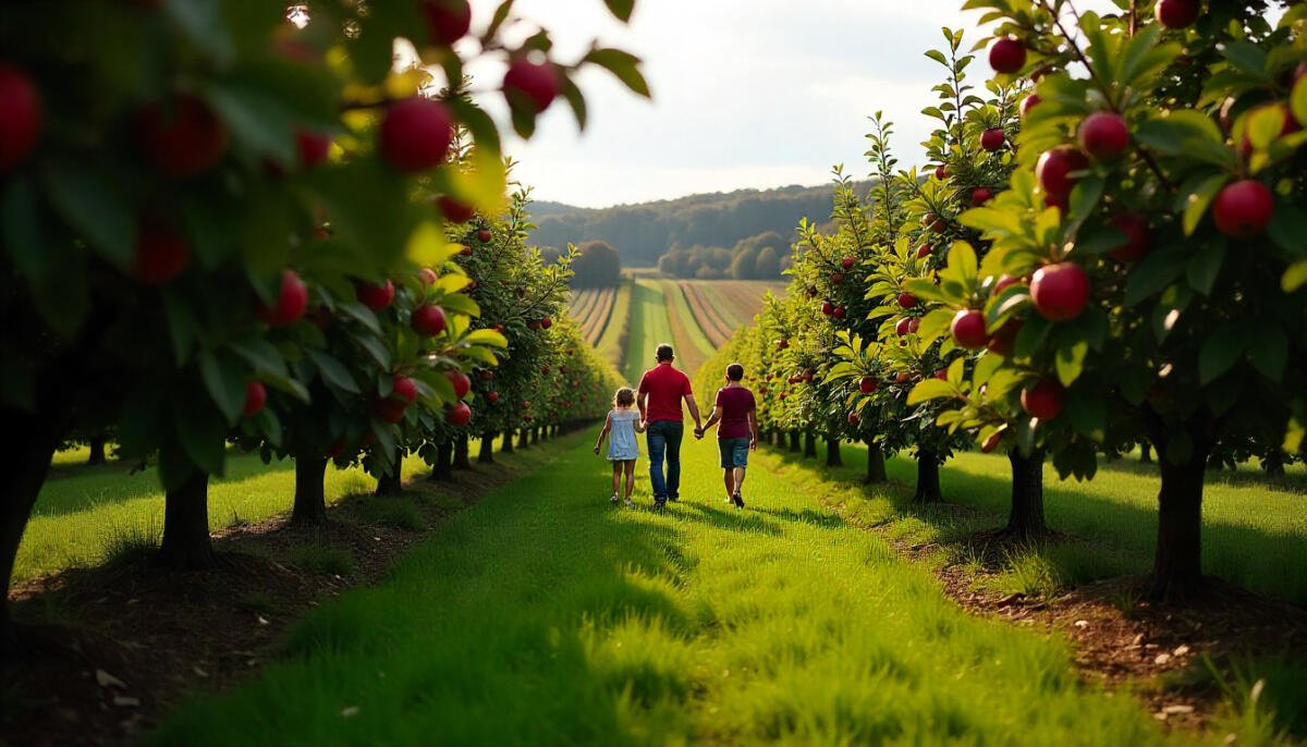 Scenic apple orchard in Pennsylvania with ripe red apples on trees and families enjoying apple picking in autumn