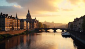 Scenic view of Edinburgh with historic buildings and iconic landmarks for a travel guide.