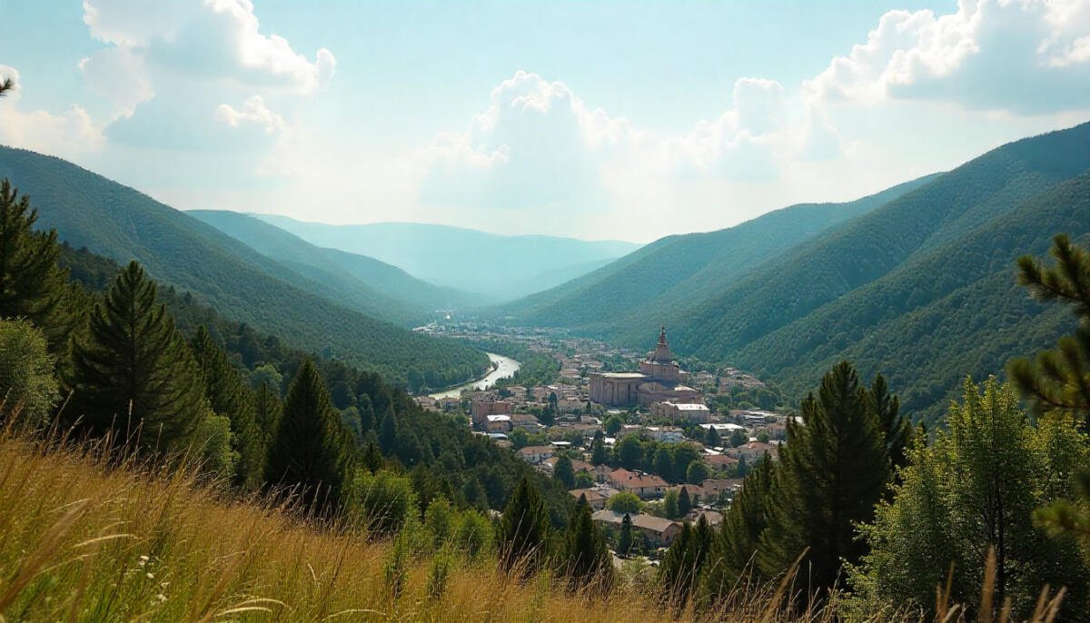Scenic view of Georgia’s mountains and historic towns under a bright sky.
