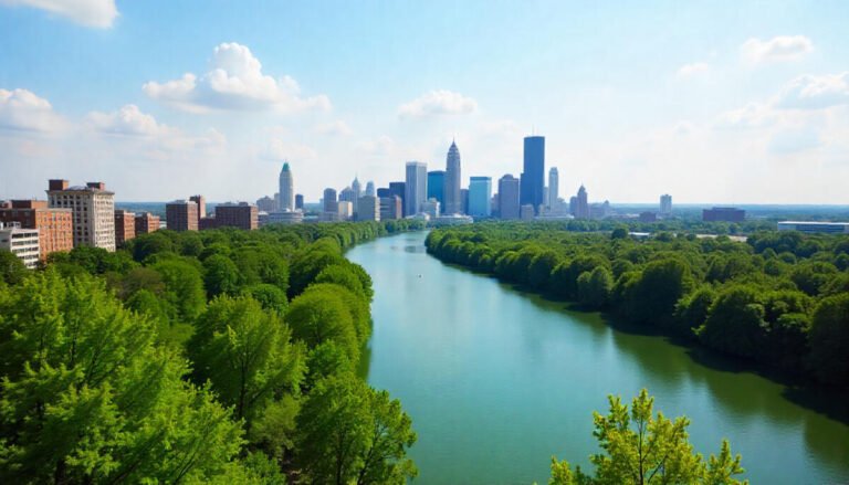 Scenic view of Ohio landmarks with travelers exploring on a budget, featuring city skylines, parks, and local attractions.