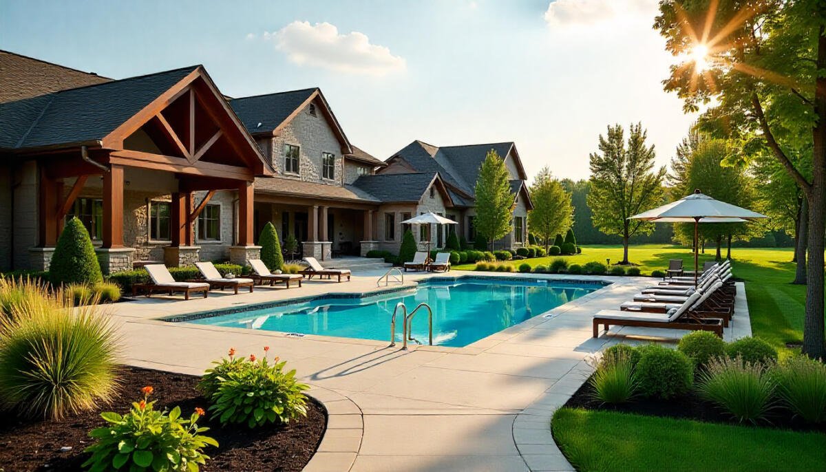 Scenic view of a luxury Ohio resort with modern amenities, outdoor pool, and relaxing family friendly atmosphere.