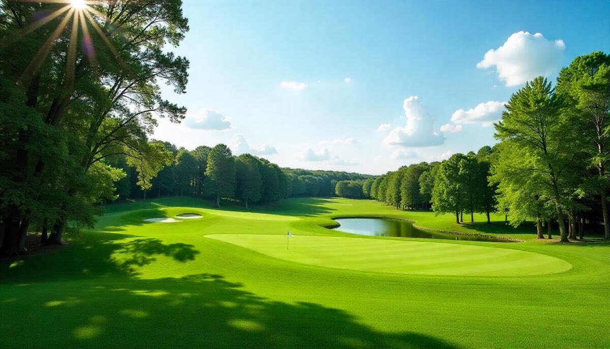 Scenic view of a public golf course in Ohio with green fairways, trees, and a clear summer sky