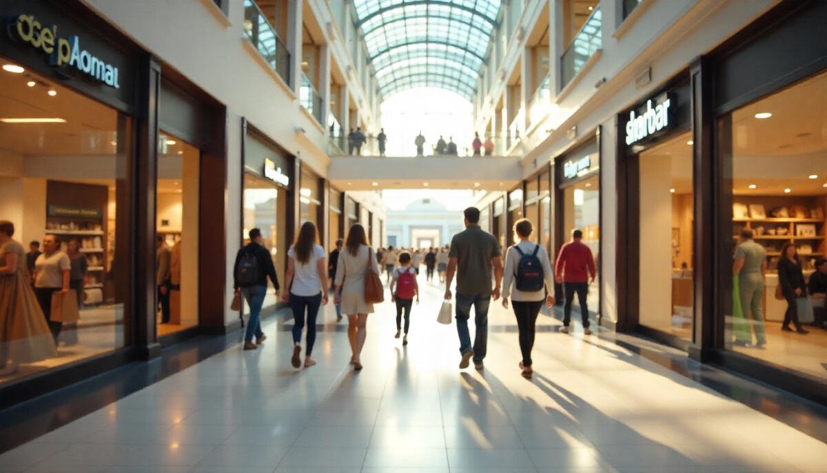 Shoppers walking inside a modern Ohio shopping mall with retail stores, bright lighting, and stylish interior design.