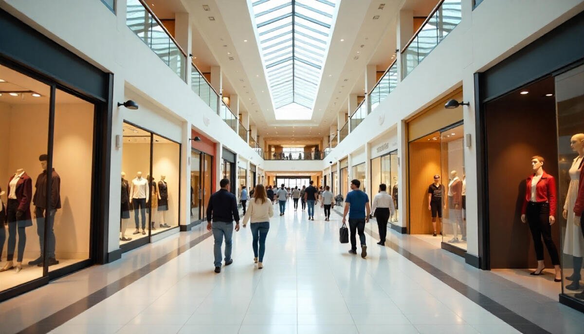 Spacious modern shopping mall in Pennsylvania with shoppers walking past fashion stores and bright skylights.