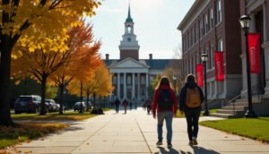 Students walking across a modern Ohio university campus with historic buildings in the background, representing top universities in Ohio.