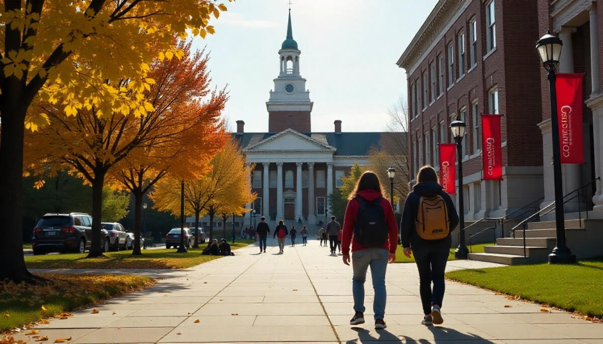 Students walking across a modern Ohio university campus with historic buildings in the background, representing top universities in Ohio.