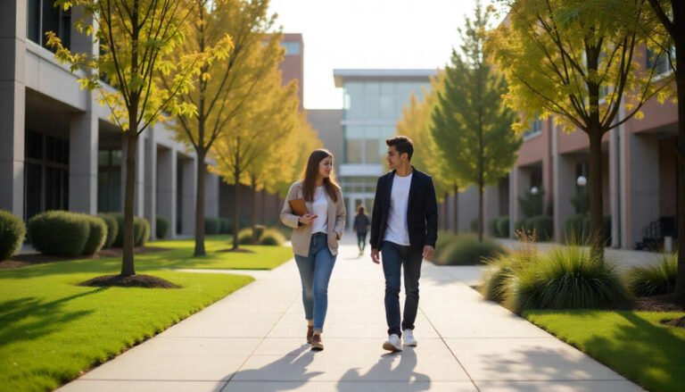 Students walking on a modern university campus in Georgia with academic buildings in the background.