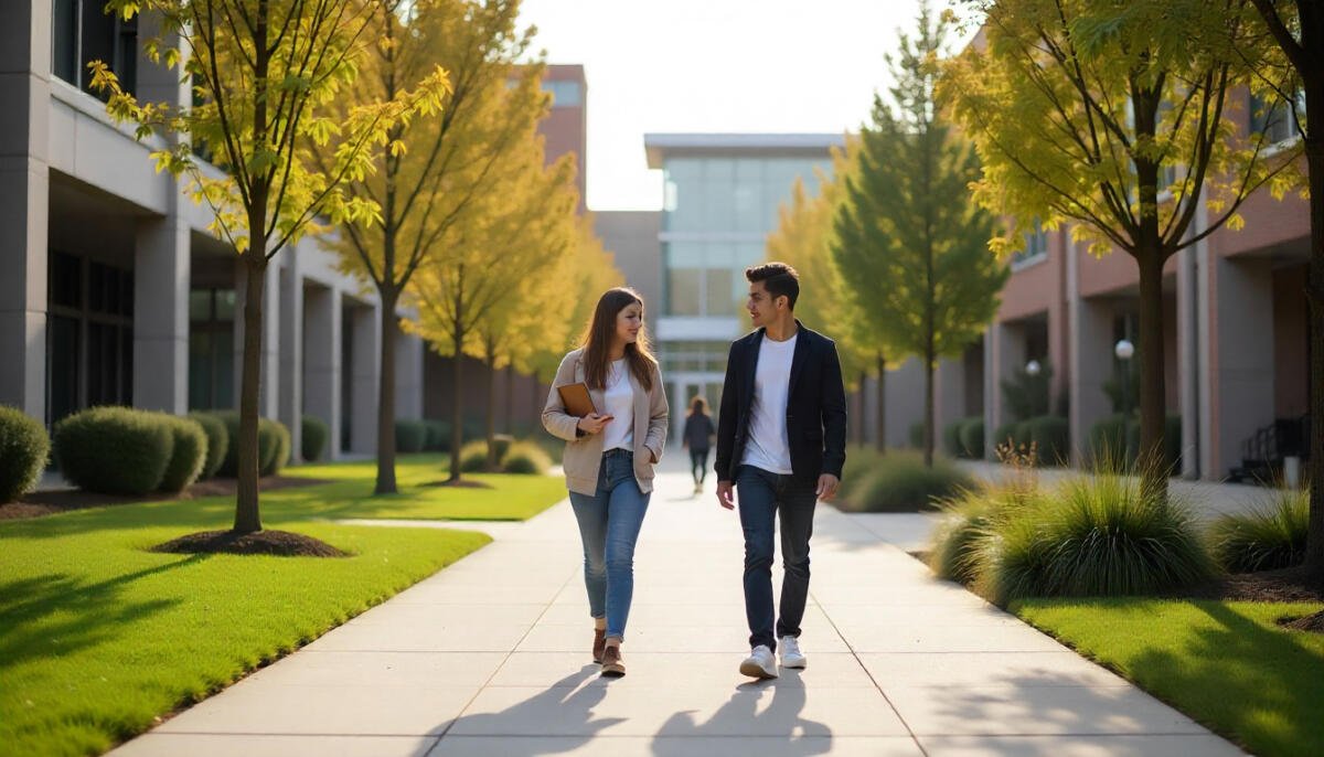 Students walking on a modern university campus in Georgia with academic buildings in the background.