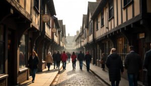 The Shambles in York with historic timber framed buildings and visitors walking through the narrow street.