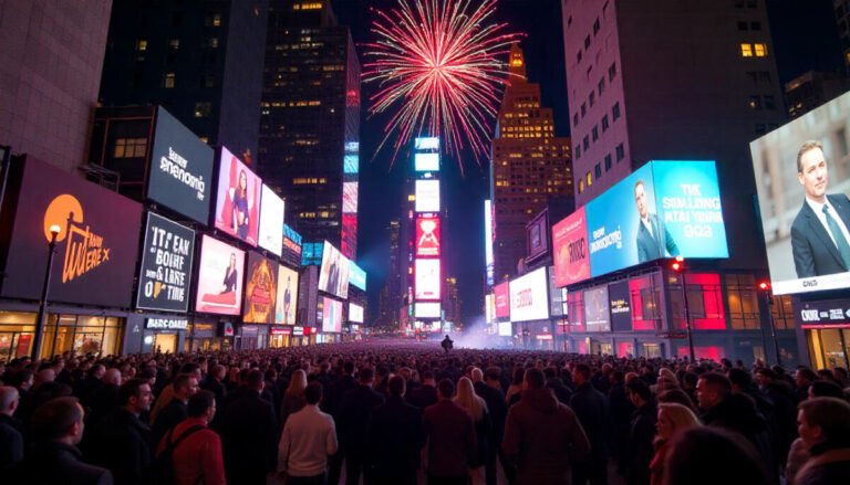 Times Square Ball Drop in New York City with crowd celebrating New Year’s Eve