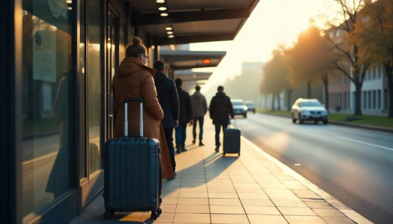 Tourists using public transport in Georgia, waiting at a modern bus stop.