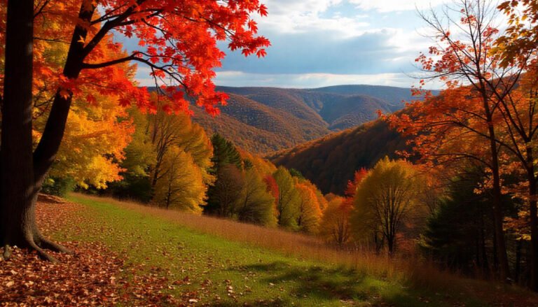 Vibrant autumn foliage in Pennsylvania with colorful trees, scenic landscape, and fall leaves.