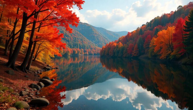 Vibrant autumn forest and lake view showcasing Pennsylvania’s colorful fall foliage.