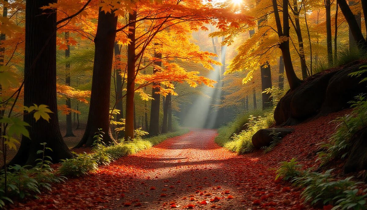 Vibrant autumn leaves along the scenic trails of Hocking Hills State Park, Ohio