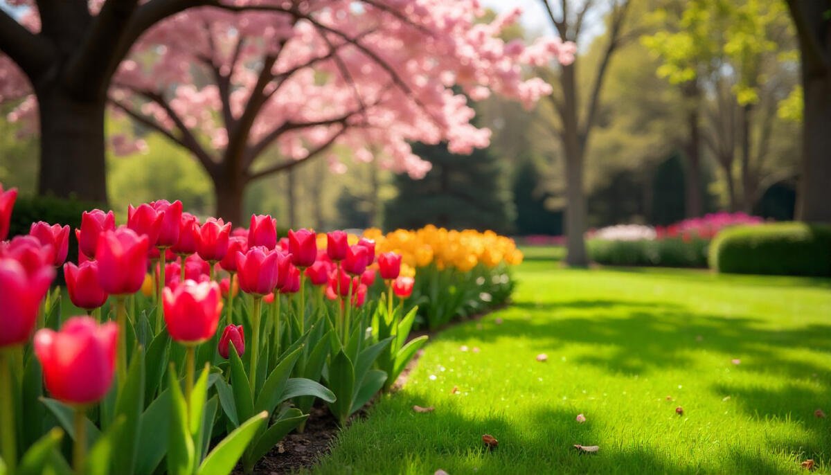 Vibrant tulips and blossoming trees in a popular Ohio garden on a bright spring day.