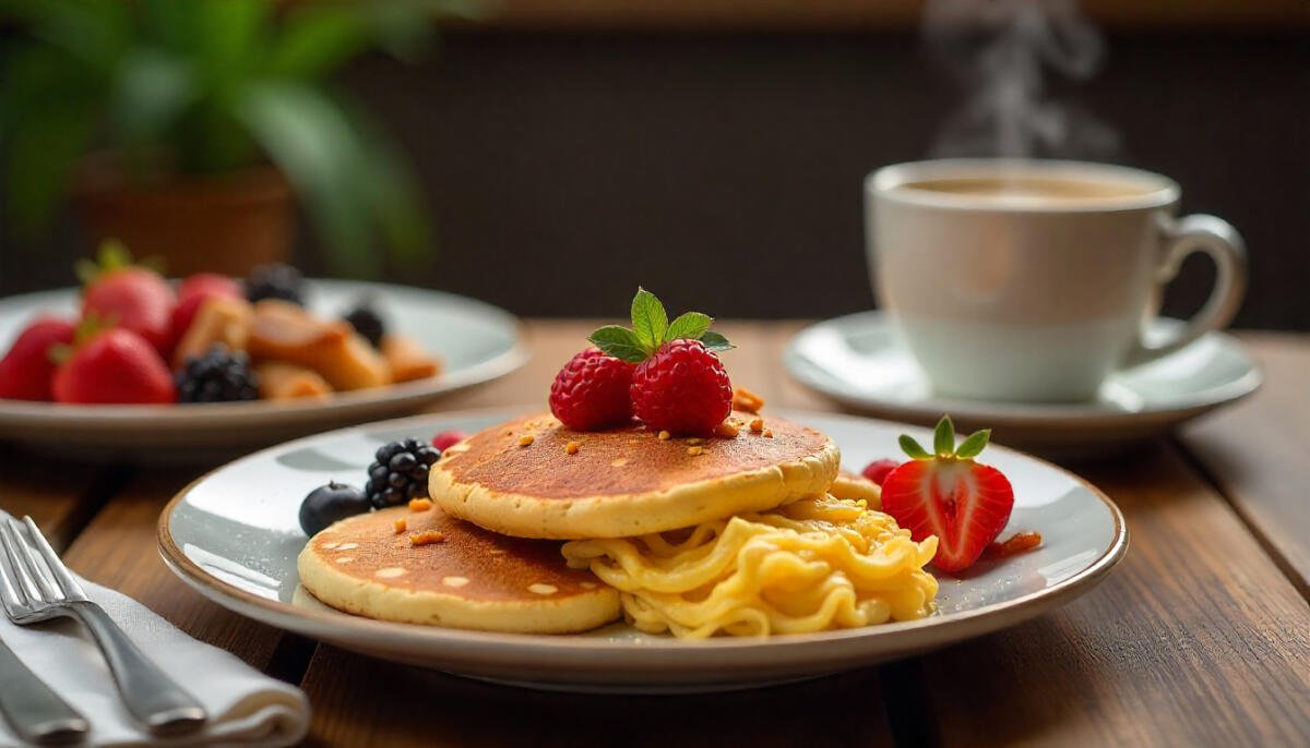 A delicious Canadian breakfast spread featuring pancakes, eggs, bacon, fresh fruit, and coffee at a popular breakfast spot in Canada.