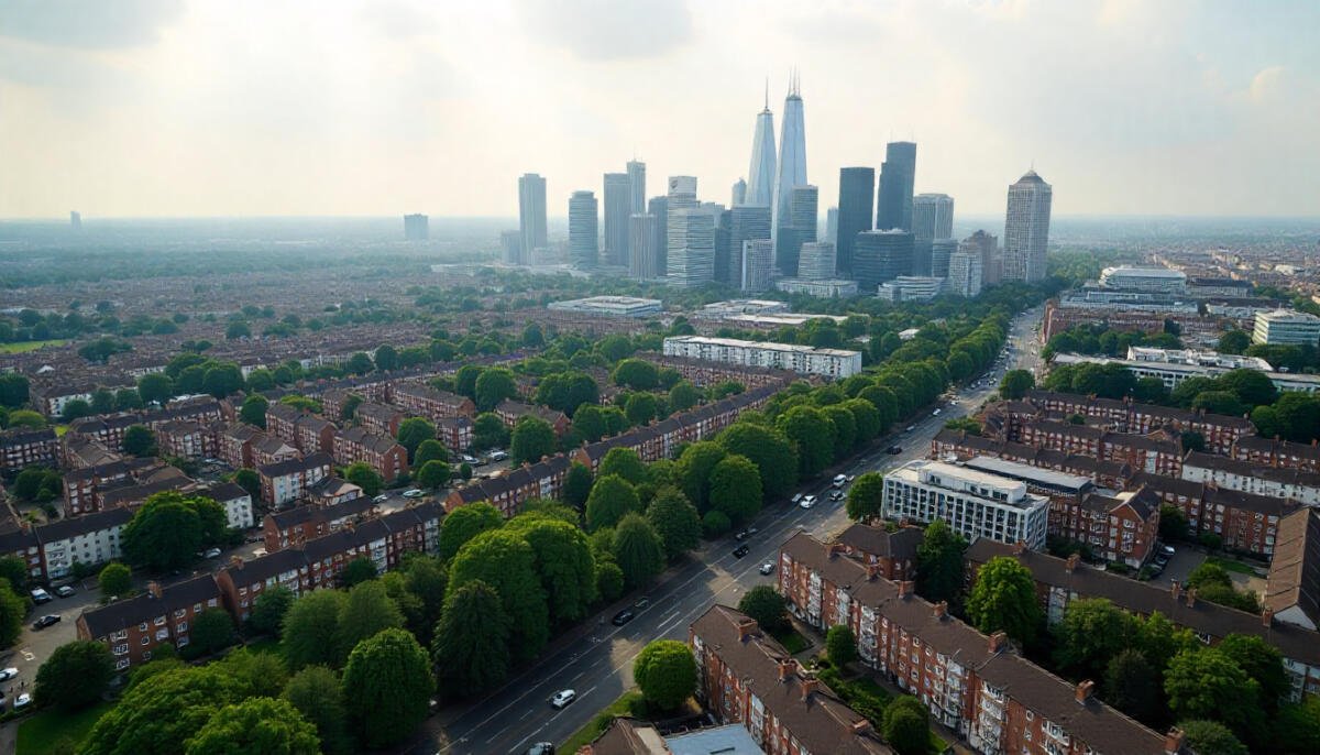 Aerial view of London skyline showing residential areas and modern buildings representing cost of living.