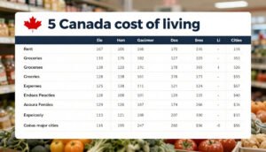 Affordable cost of living in Canada showing rent, groceries, and expenses in top cities.