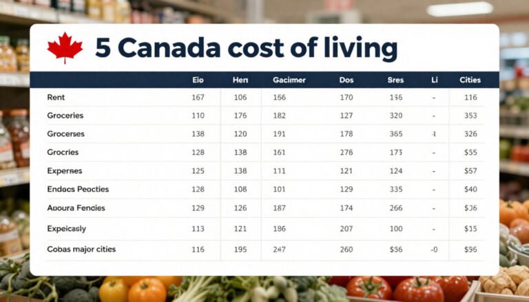 Affordable cost of living in Canada showing rent, groceries, and expenses in top cities.