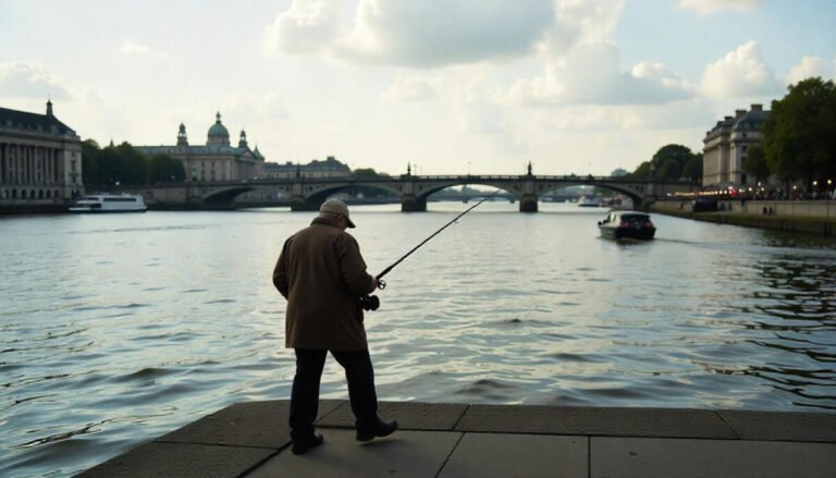 Angler fishing on the River Thames in London with calm waters and cityscape in the background