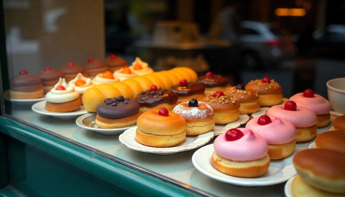 Assorted colorful pastries displayed in a London bakery window