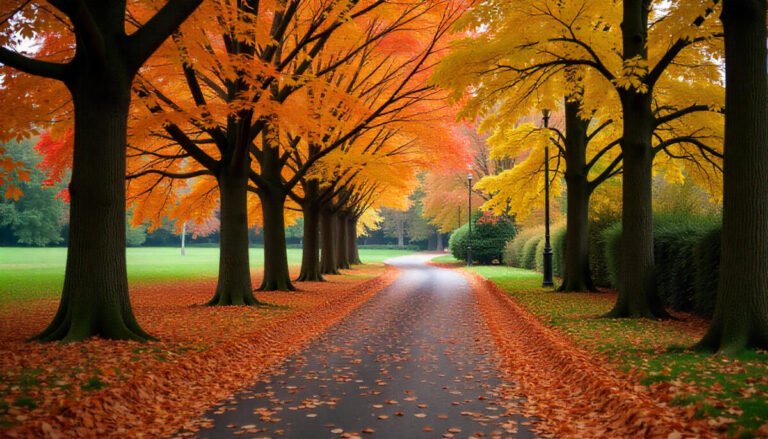 Autumn leaves and colourful fall foliage in a London park during.