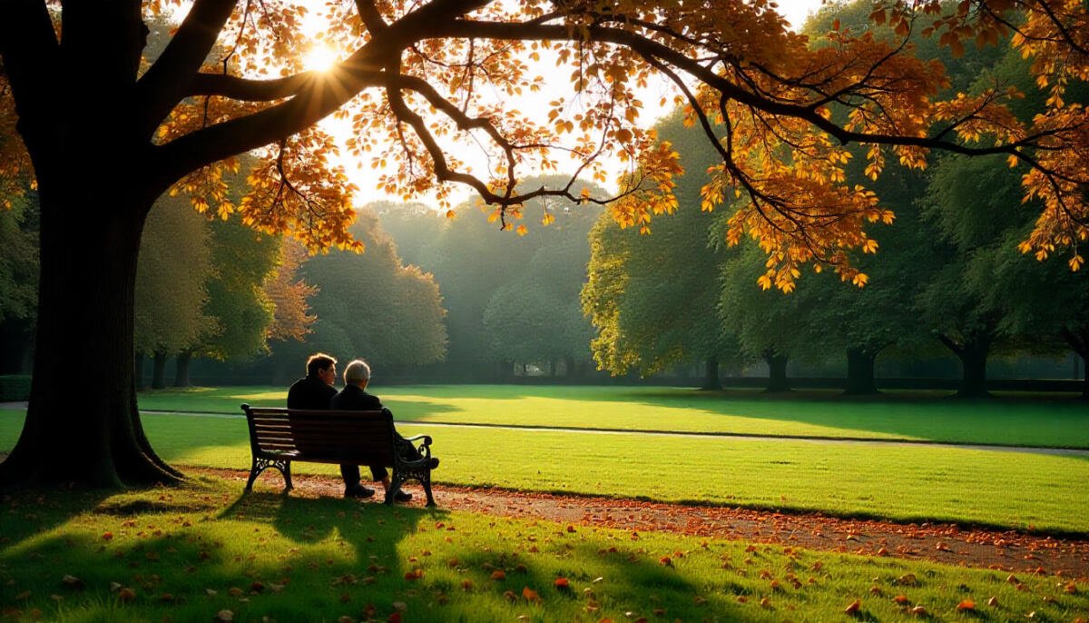 Autumn trees and green lawns in a Royal Park in London with people walking and enjoying the scenery.