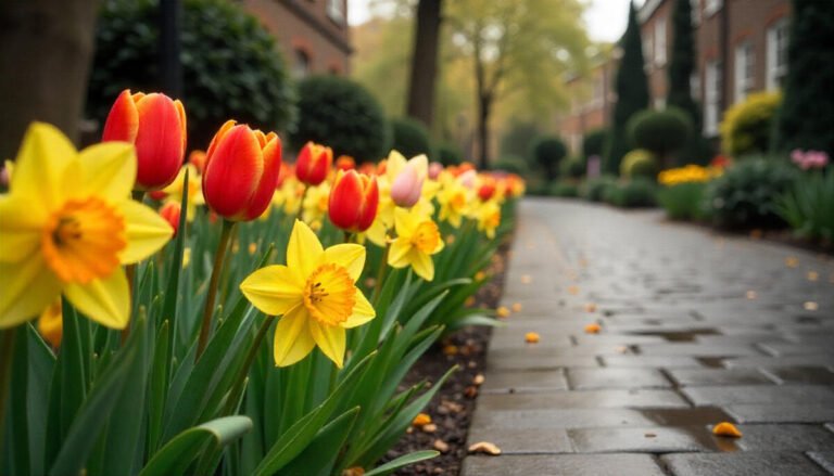 Beautiful spring flowers blooming in a London garden.
