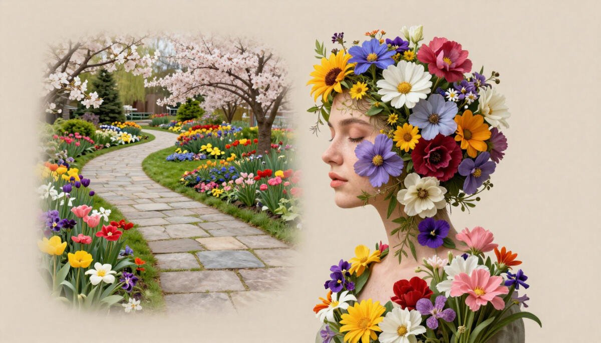 Colorful spring flowers blooming in a beautiful Canadian garden during peak spring season