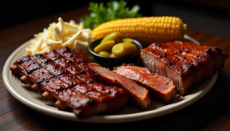 Delicious smoked BBQ platter with ribs, brisket, and grilled sides at a top London restaurant