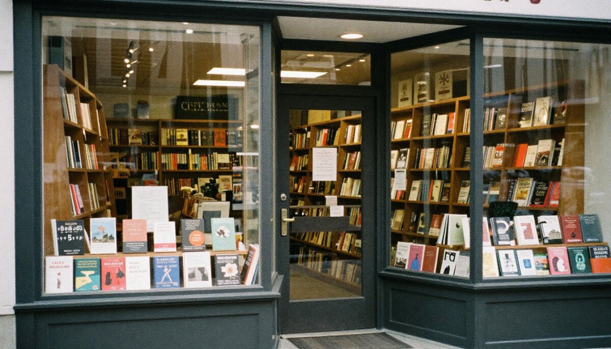 Exterior of a cozy independent bookstore in Canada with books displayed in the window and a welcoming entrance