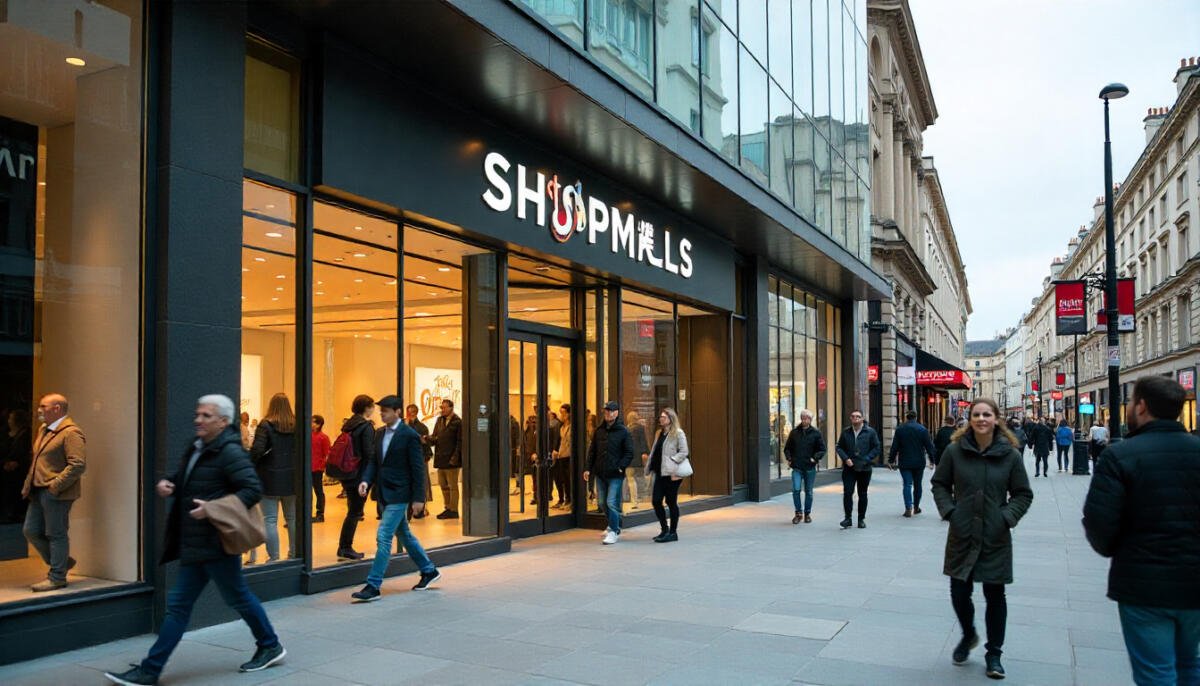 Exterior view of a modern shopping mall in London with shoppers entering and outdoor signage visible