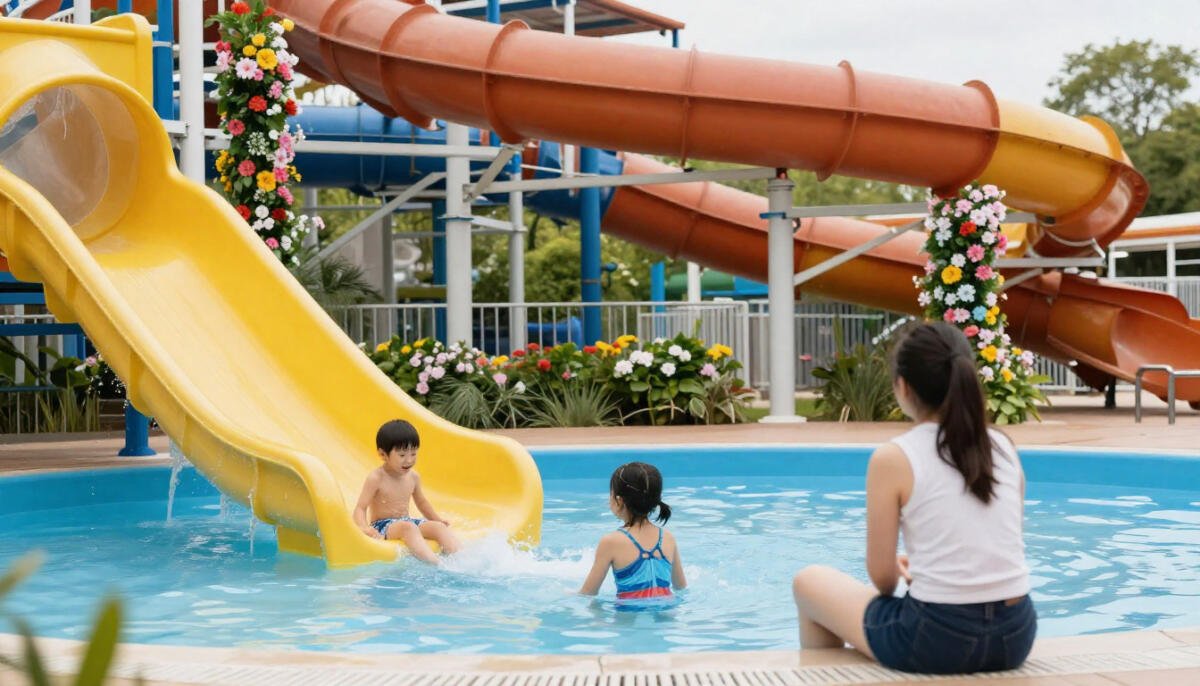 Family enjoying slides and splash pools at a London water park in spring.