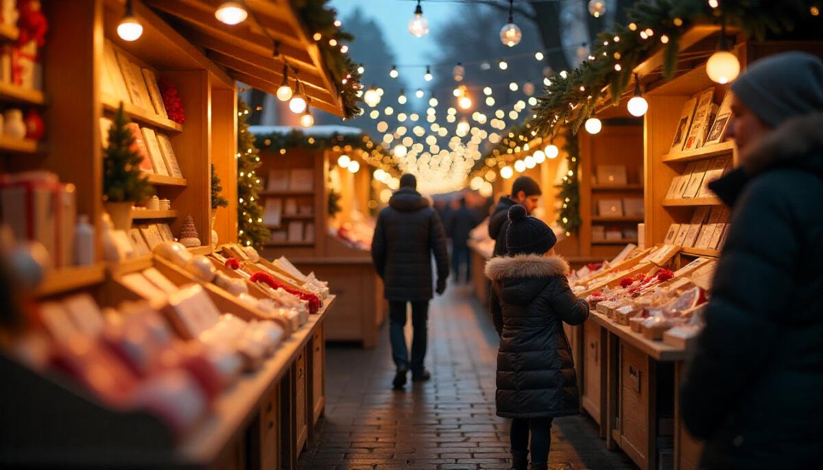 Festive lights and decorated stalls at a Christmas market in Canada with visitors enjoying holiday shopping.