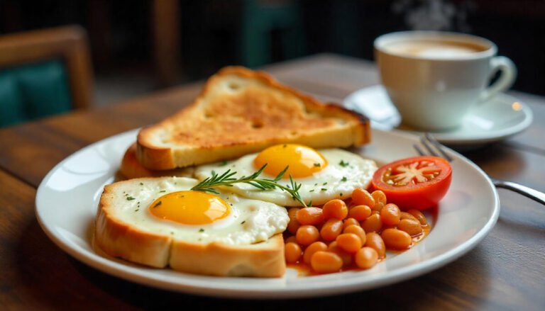 Fresh English breakfast served with eggs, toast, and coffee at a London café