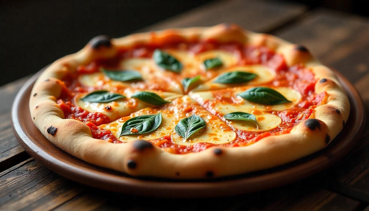 Freshly baked Neapolitan pizza served at a popular London pizzeria.