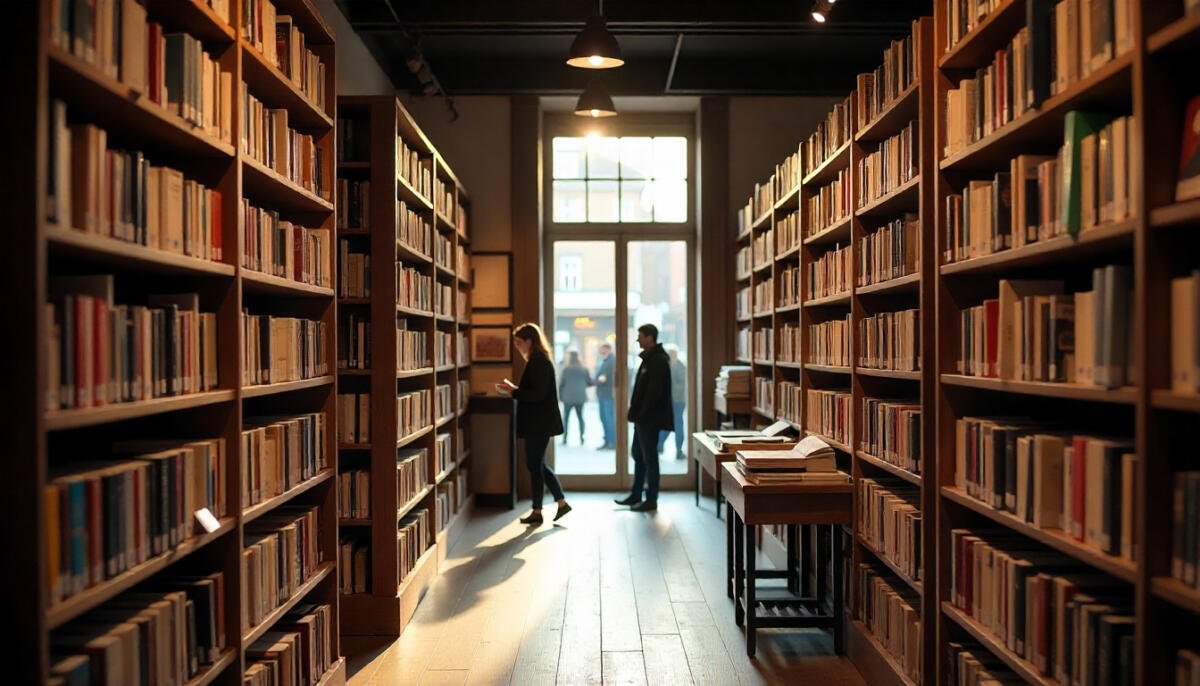 Interior view of a London bookstore with bookshelves filled and readers browsing