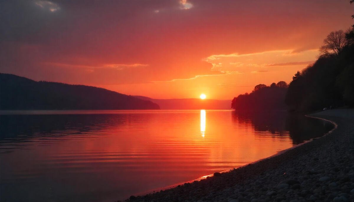 Romantic sunset over Ruislip Lido with calm water and golden sky.