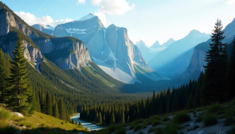 Scenic view of a Canadian national park with mountains, forests, and clear blue sky.