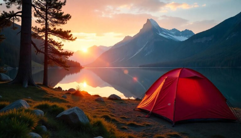 Scenic view of a peaceful campsite in Canada surrounded by forested mountains and a calm lake at sunset.