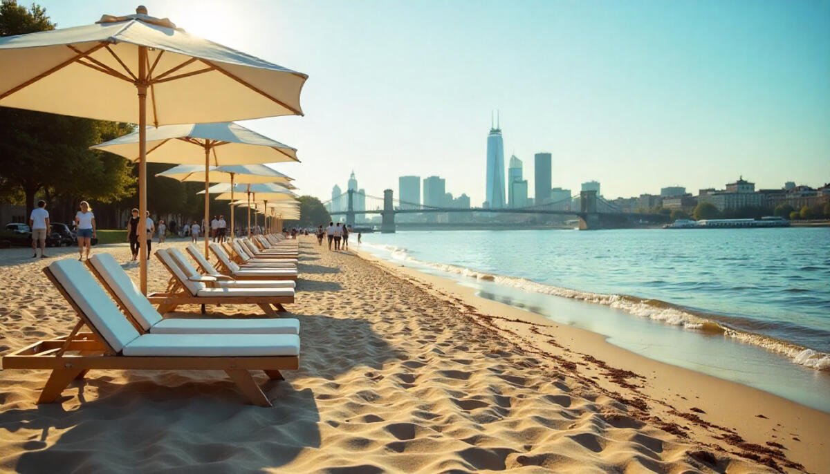 South Bank Beach – Thames artificial beach with families playing on sand in summer