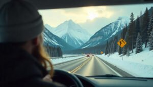 Tourist driving a rental car on a scenic Canadian highway with mountains and road signs in winter.