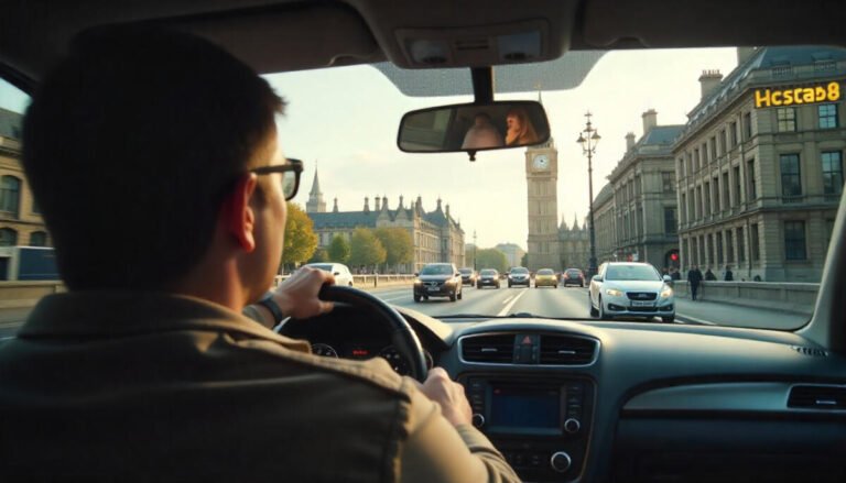 Tourist driving a rental car through central London with city landmarks in the background.