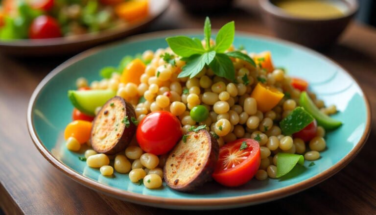 Vibrant vegan meal with fresh vegetables and grains at a trendy London restaurant.